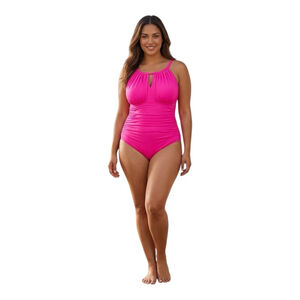 La Blanca Hot Pink Ruched One Piece Swimsuit Keyhole NWT Size 16